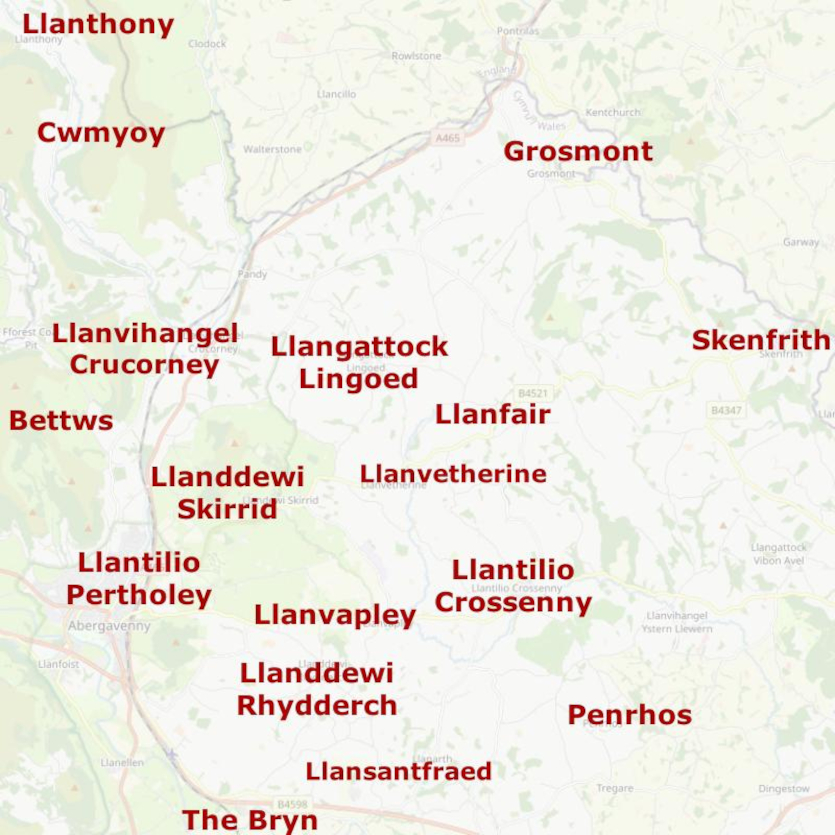 Map of the ministry area showing parishes. Same as the list below